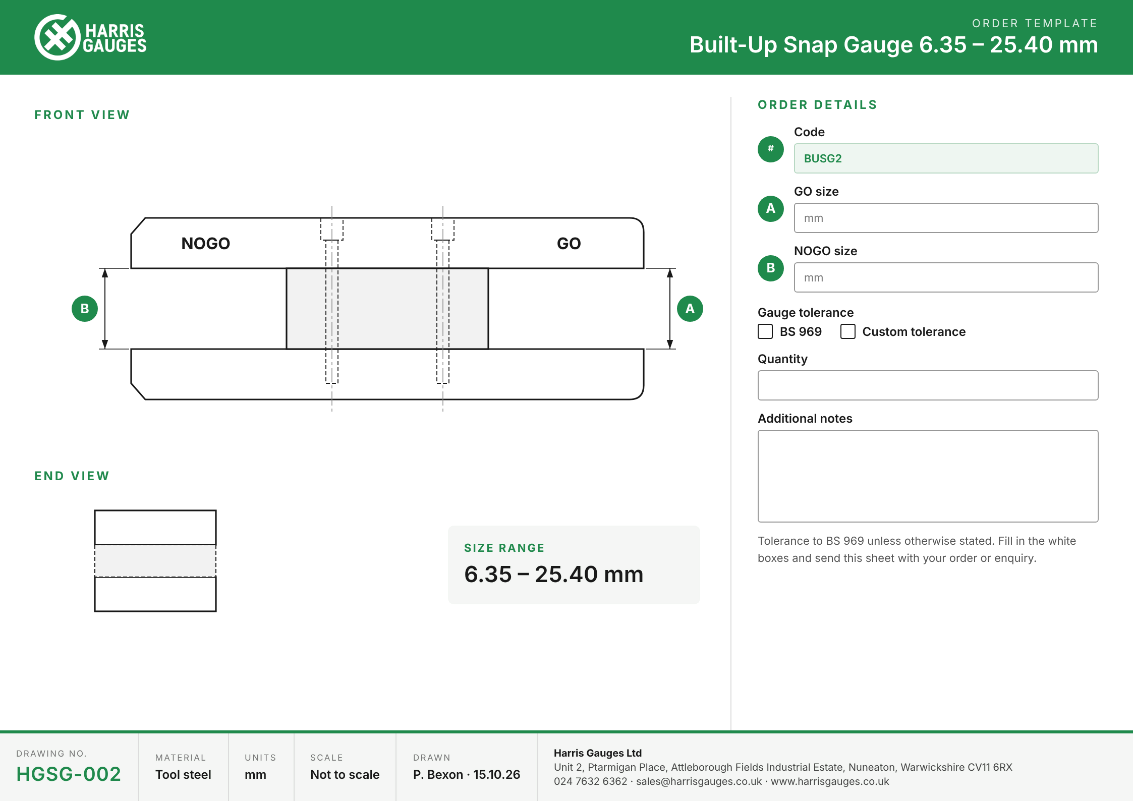 Built-up snap gauge order template 6.35 to 25.40 mm HGSG-002