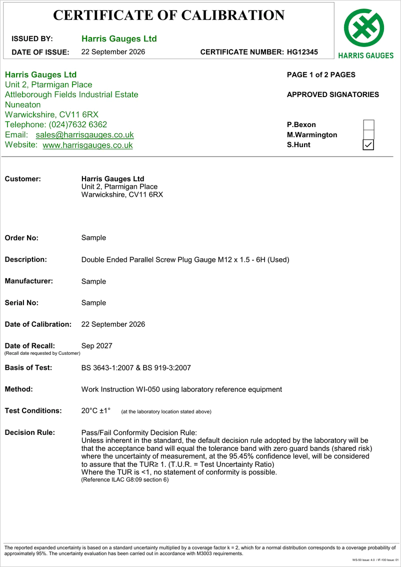 Example Harris Gauges calibration certificate - page 1