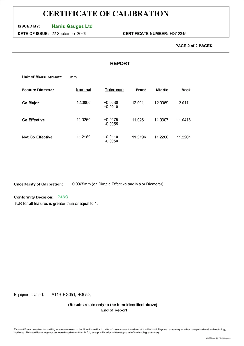 Example Harris Gauges calibration certificate - page 2
