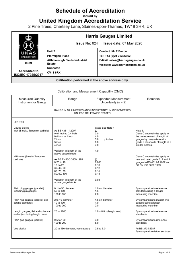 UKAS Schedule of Accreditation 0339 - Harris Gauges Limited