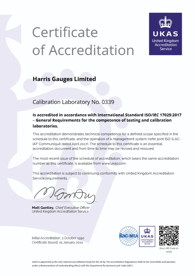 UKAS Certificate of Accreditation 0339 - Harris Gauges Limited